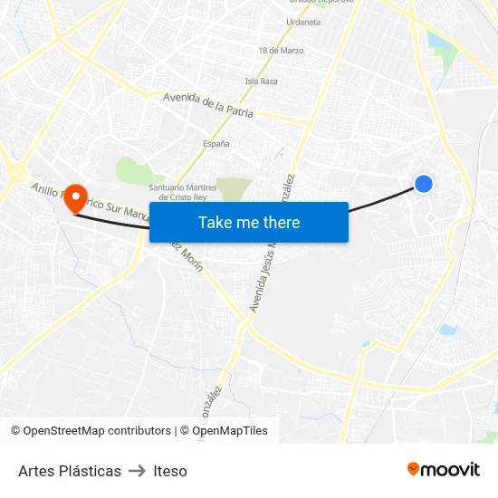 Artes Plásticas to Iteso map