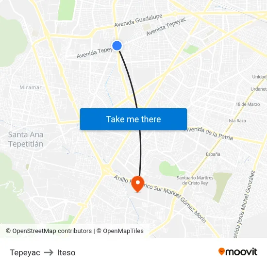 Tepeyac to Iteso map