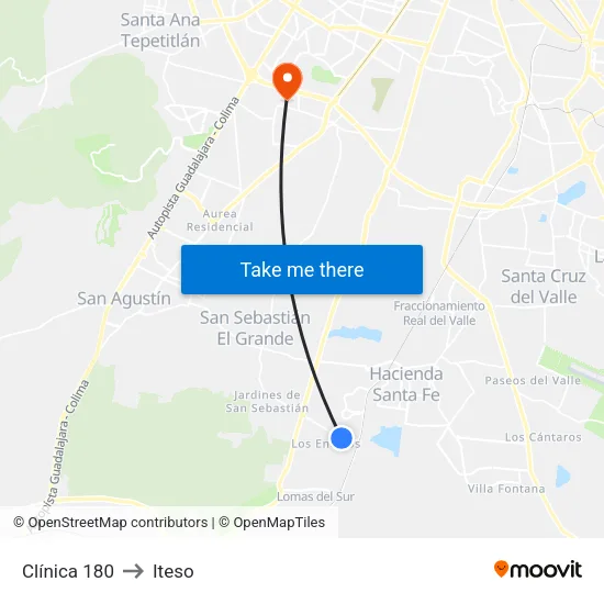 Clínica 180 to Iteso map