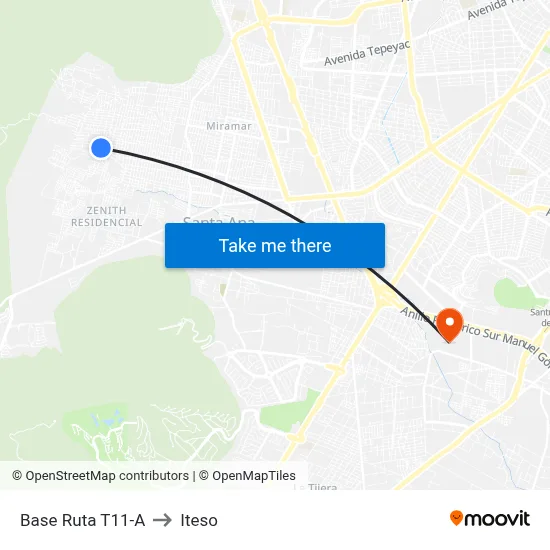 Base Ruta T11-A to Iteso map