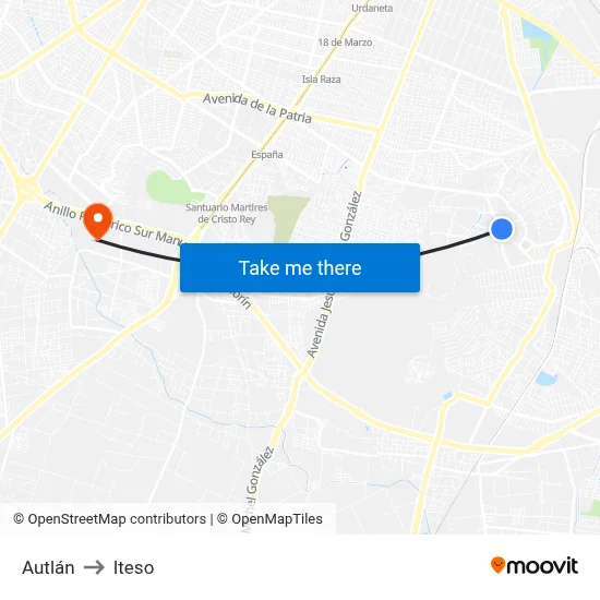 Autlán to Iteso map