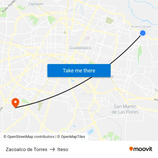 Zacoalco de Torres to Iteso map