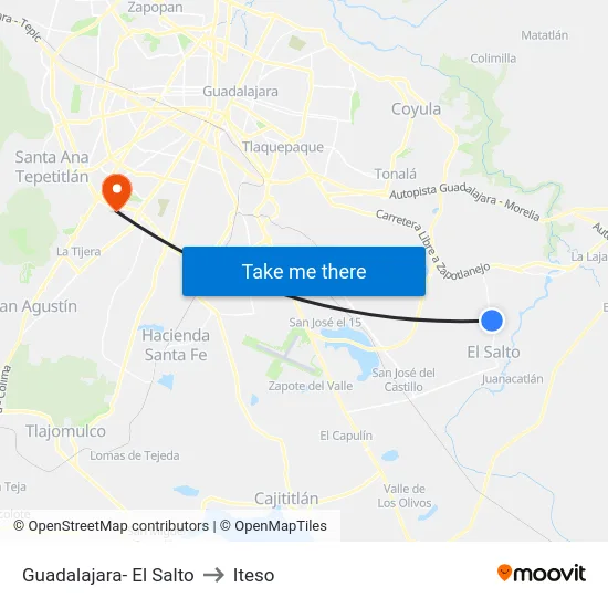Guadalajara- El Salto to Iteso map