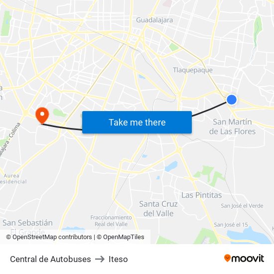 Central de Autobuses to Iteso map