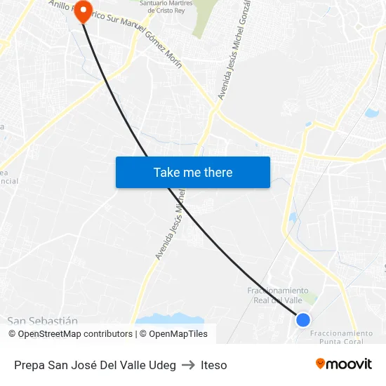 Prepa San José Del Valle Udeg to Iteso map
