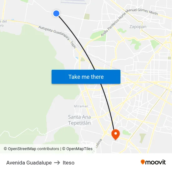 Avenida Guadalupe to Iteso map