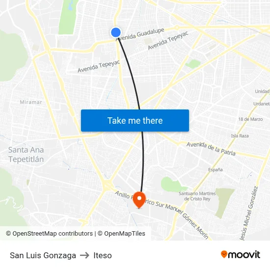 San Luis Gonzaga to Iteso map
