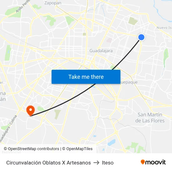Circunvalación Oblatos X Artesanos to Iteso map