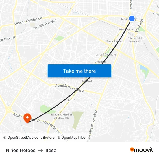 Niños Héroes to Iteso map