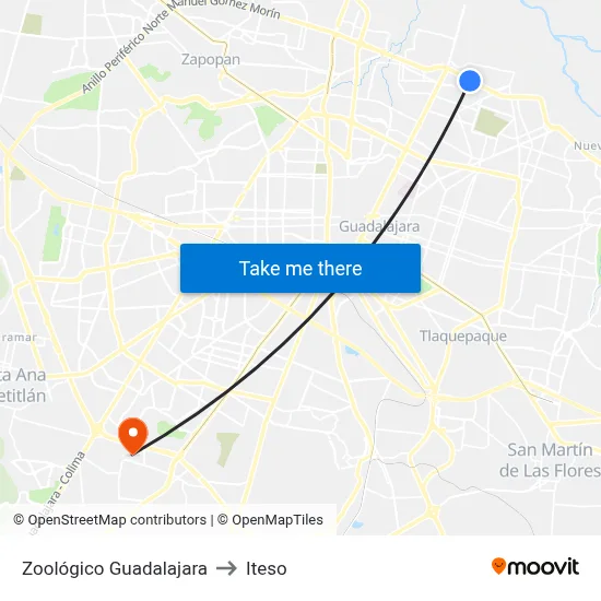 Zoológico Guadalajara to Iteso map