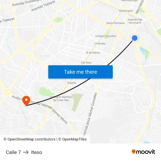 Calle 7 to Iteso map