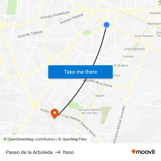 Paseo de la Arboleda to Iteso map