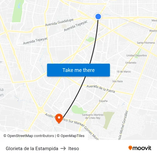 Glorieta de la Estampida to Iteso map