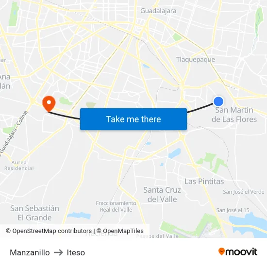 Manzanillo to Iteso map