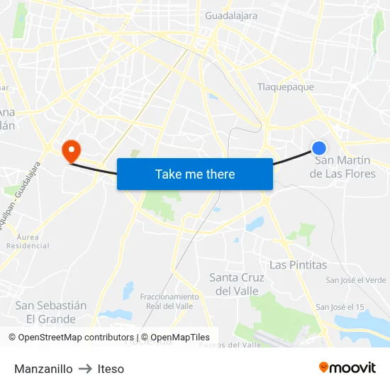 Manzanillo to Iteso map