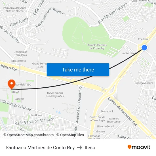 Santuario Mártires de Cristo Rey to Iteso map