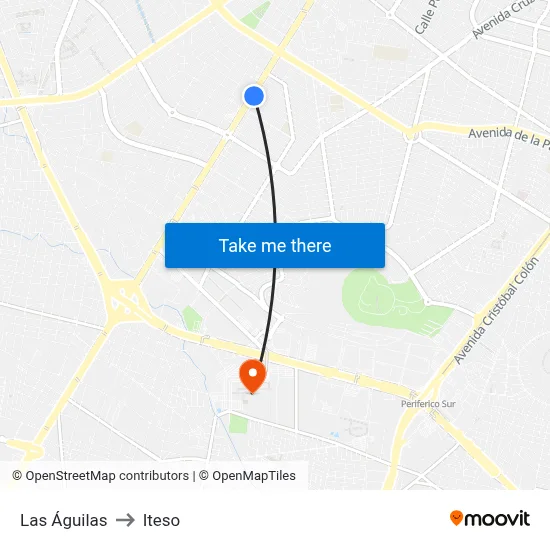 Las Águilas to Iteso map
