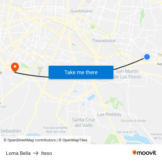 Loma Bella to Iteso map