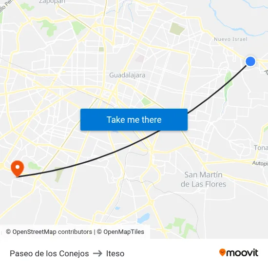 Paseo de los Conejos to Iteso map