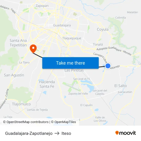 Guadalajara-Zapotlanejo to Iteso map