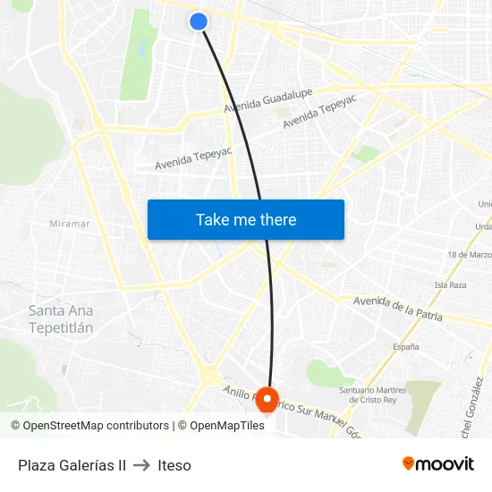 Plaza Galerías II to Iteso map