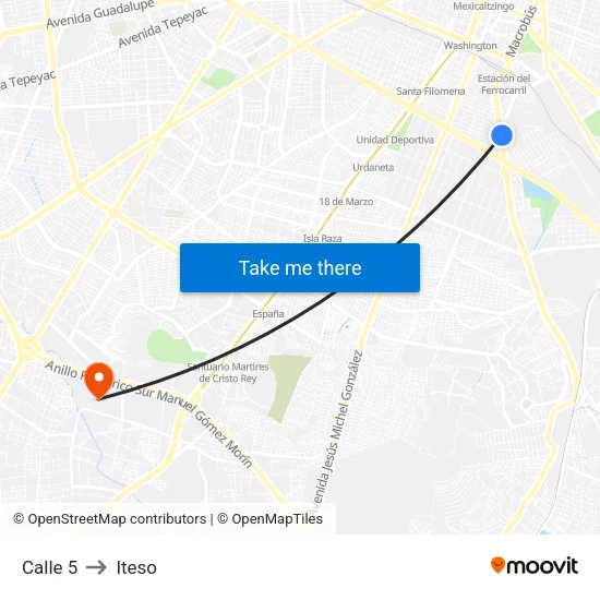 Calle 5 to Iteso map