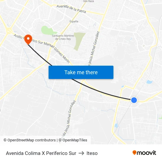 Avenida Colima X Periferico Sur to Iteso map