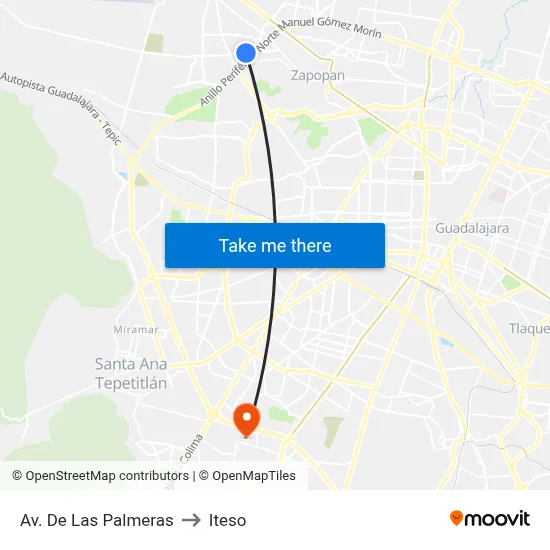 Av. De Las Palmeras to Iteso map