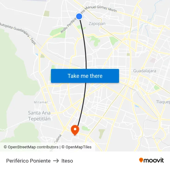 Periférico Poniente to Iteso map