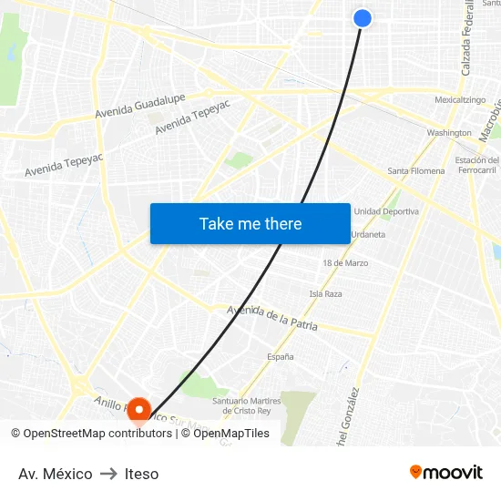 Av. México to Iteso map