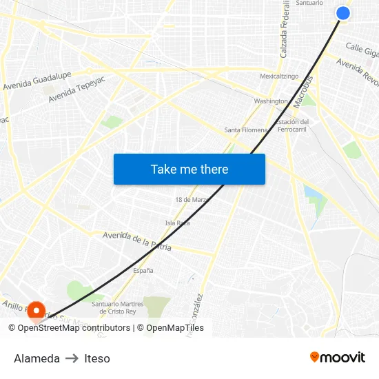Alameda to Iteso map