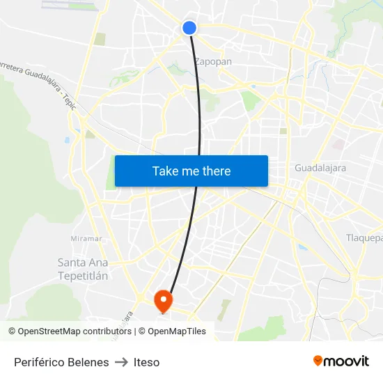 Periférico Belenes to Iteso map