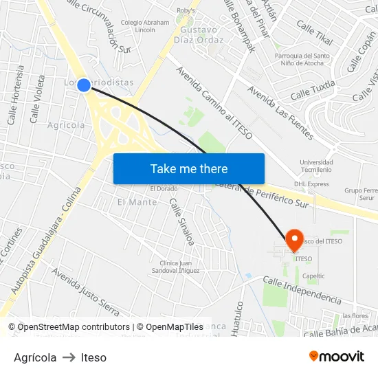 Agrícola to Iteso map