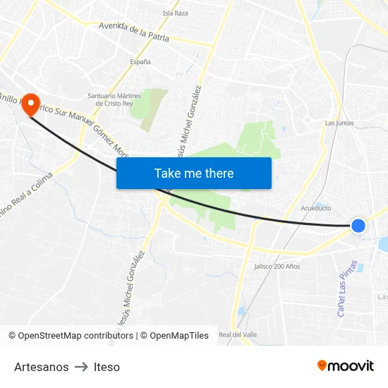 Artesanos to Iteso map