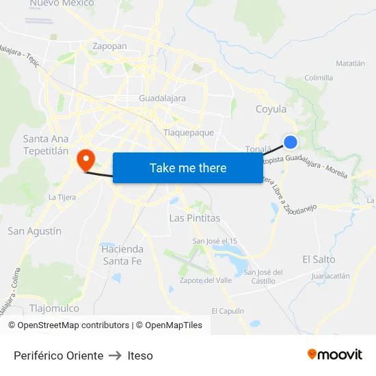 Periférico Oriente to Iteso map