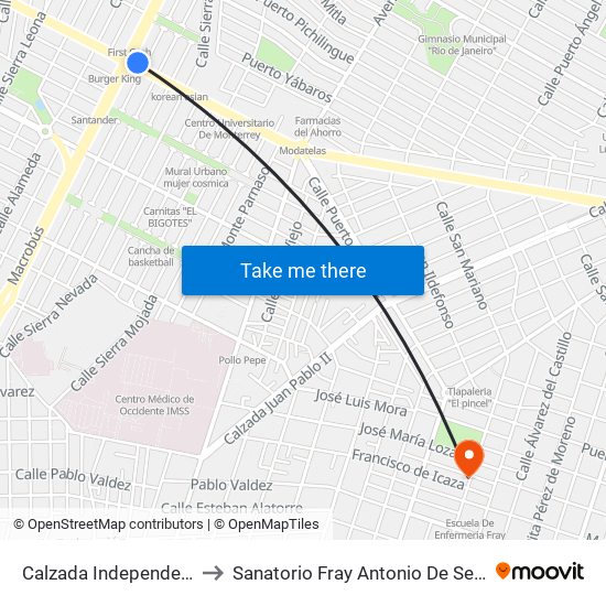 Calzada Independencia to Sanatorio Fray Antonio De Segovia map