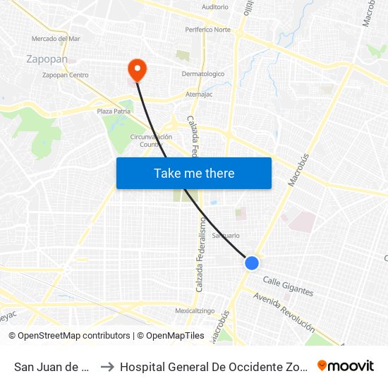 San Juan de Dios to Hospital General De Occidente Zoquipan map