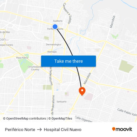 Periférico Norte to Hospital Civil Nuevo map