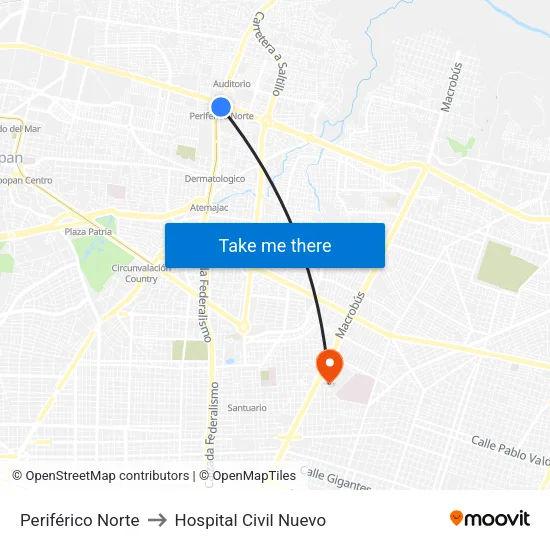 Periférico Norte to Hospital Civil Nuevo map
