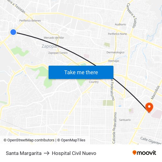 Santa Margarita to Hospital Civil Nuevo map