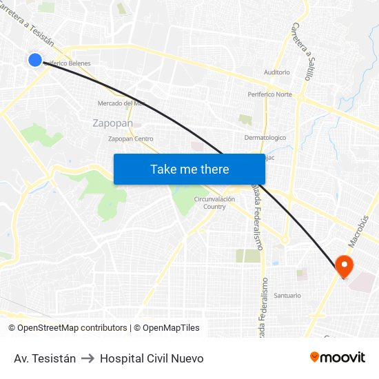 Av. Tesistán to Hospital Civil Nuevo map