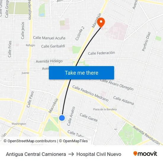 Antigua Central Camionera to Hospital Civil Nuevo map
