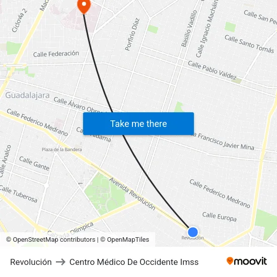 Revolución to Centro Médico De Occidente Imss map