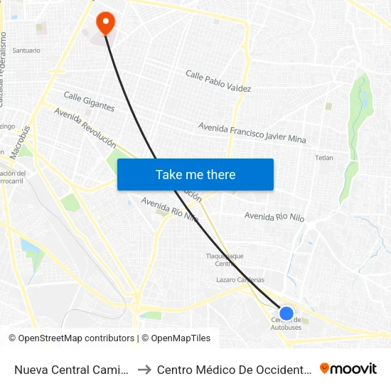 Nueva Central Camionera to Centro Médico De Occidente Imss map