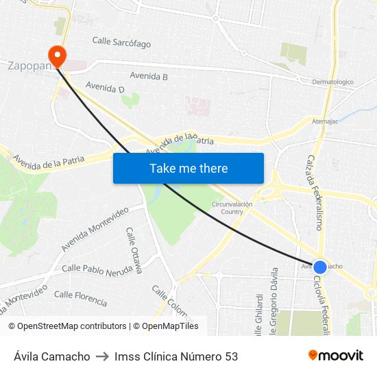 Ávila Camacho to Imss Clínica Número 53 map