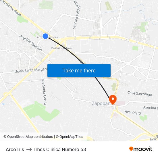 Arco Iris to Imss Clínica Número 53 map