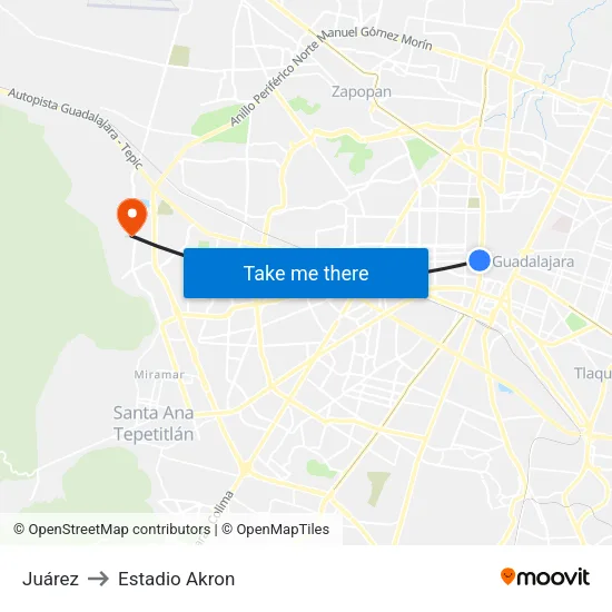 Juárez to Estadio Akron map