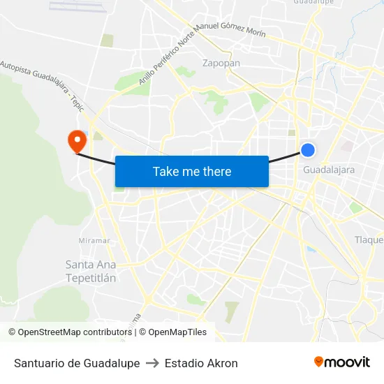 Santuario de Guadalupe to Estadio Akron map