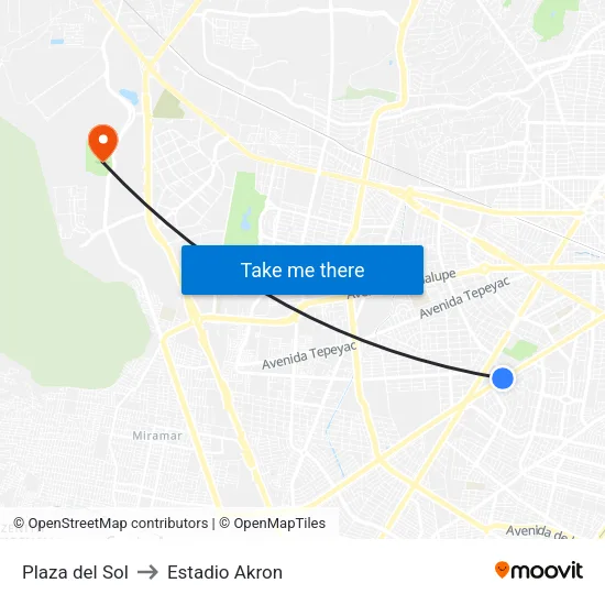 Plaza del Sol to Estadio Akron map