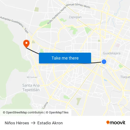 Niños Héroes to Estadio Akron map